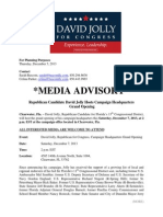 Media Advisory : Republican Candidate David Jolly Hosts Campaign Headquarters Grand Opening