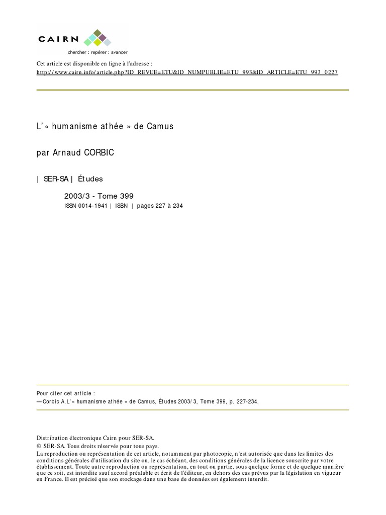 Arnaud Corbic Lhumanisme Athée De Camus Athéisme - 