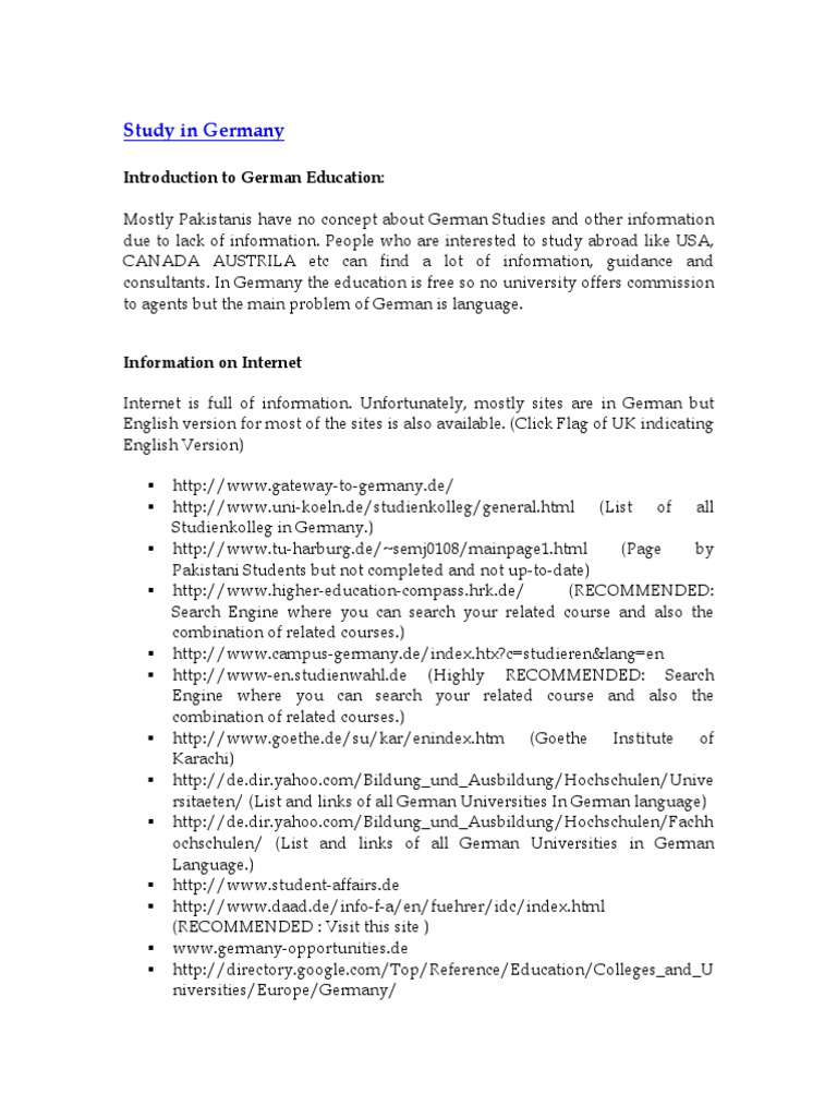 Guide To Study in Germany For Pakistani Students-89k | PDF ...