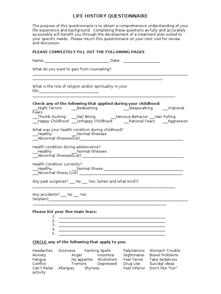 Comprehensive Life History Questionnaire | PDF | Mental And Behavioural ...