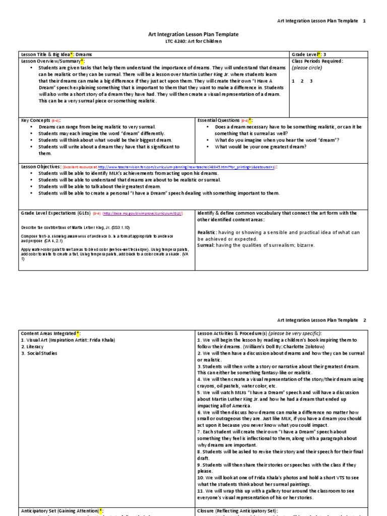 Art Integration Lesson Plan for Dreams | PDF | Pedagogy | Learning