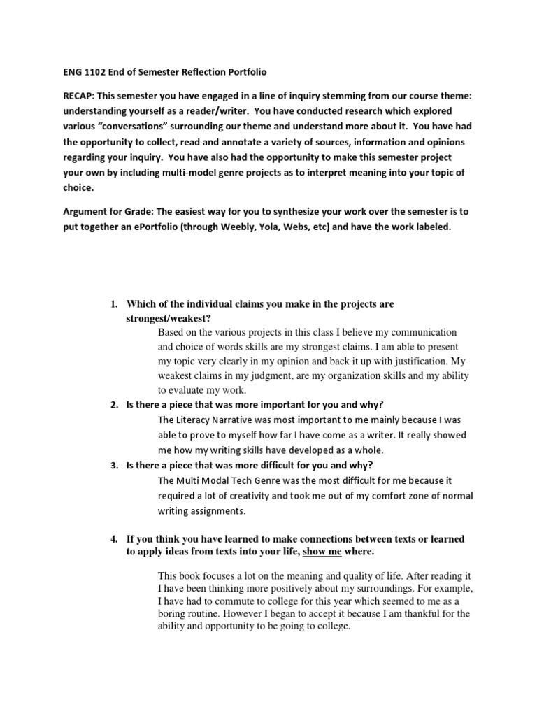 Portfolio reflection essay example picture