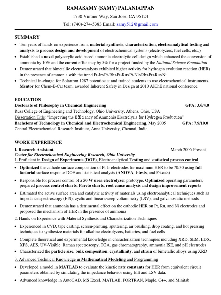Resume ProcessEngr Semiconductors Electrochemistry Battery