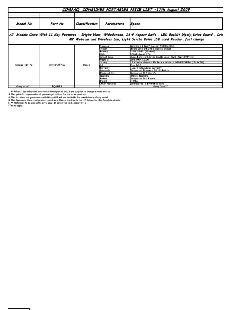 Compaq Laptop Price List 2009 | PDF