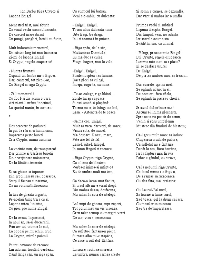 Ion Barbu Riga Crypto Si Lapona Enigel | PDF