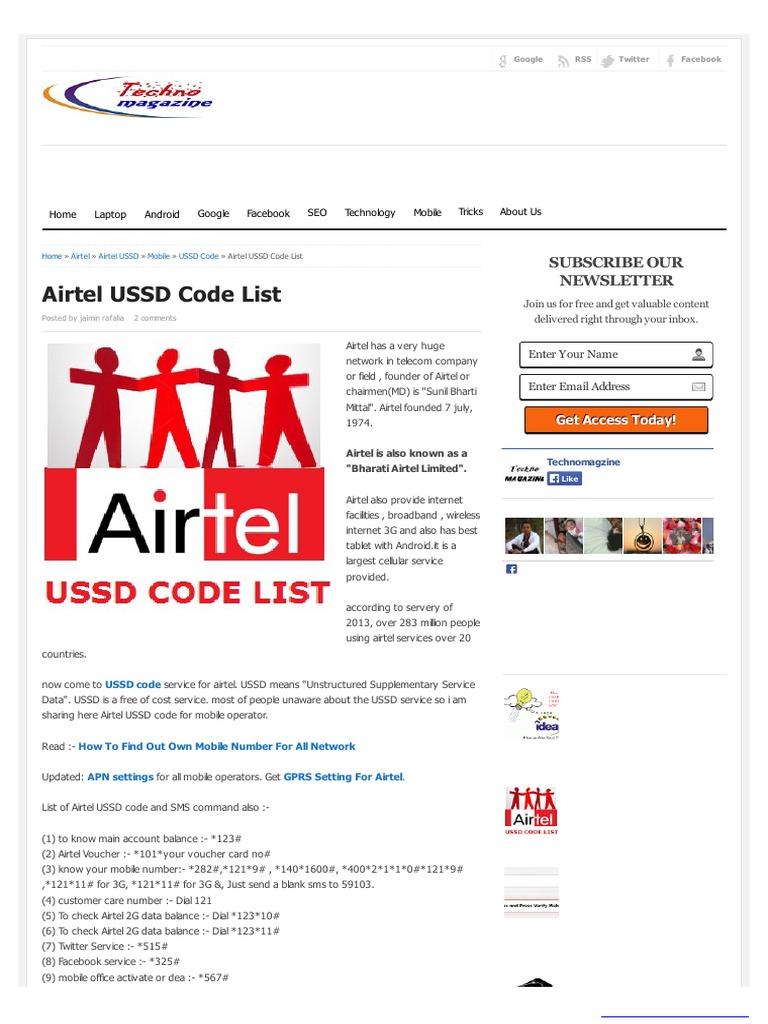 Airtel Codes Consumer Electronics Networks