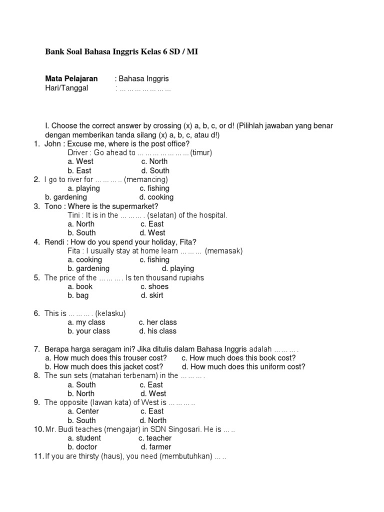 Bank Soal Bahasa Inggris Kelas 6 Sd Indonesian Rupiah Indonesia