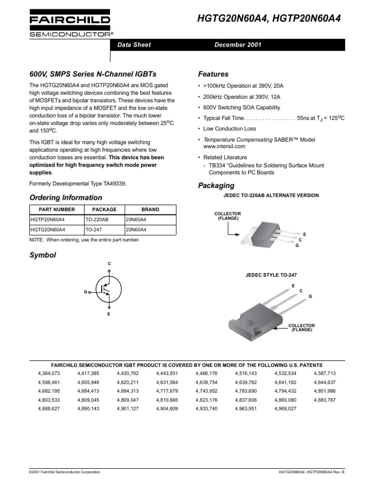 Datasheet Transistor 20n60a4 | Transistor de efecto de campo | Voltaje