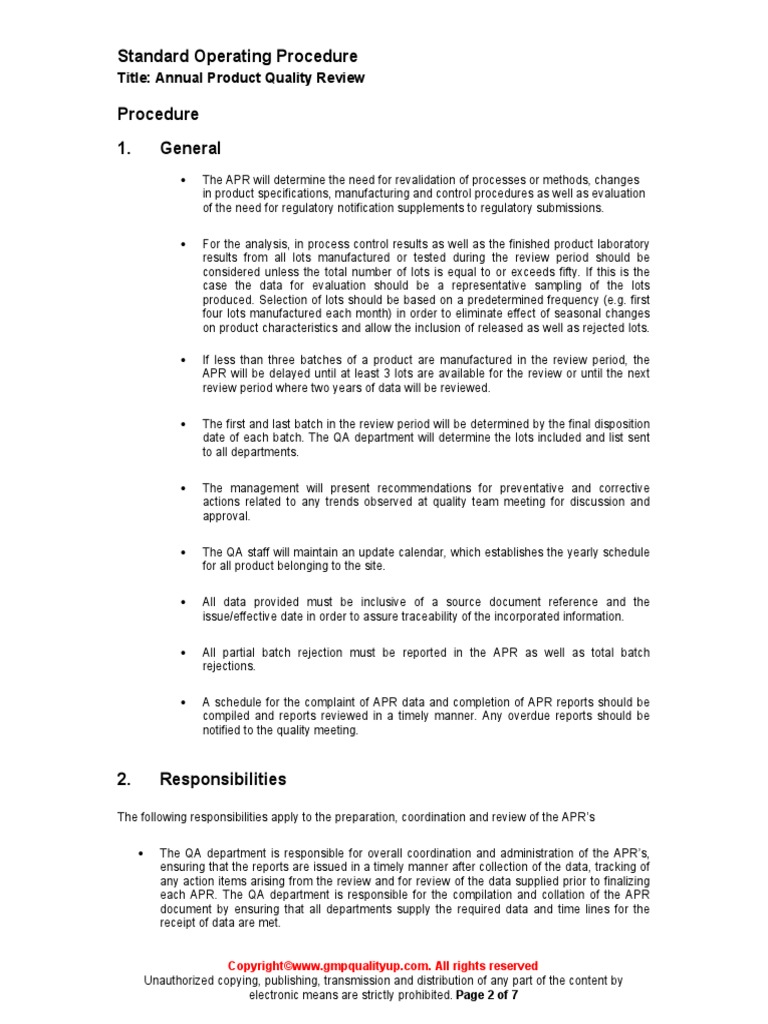 QMS060 Annual Product Review Sample Specification (Technical