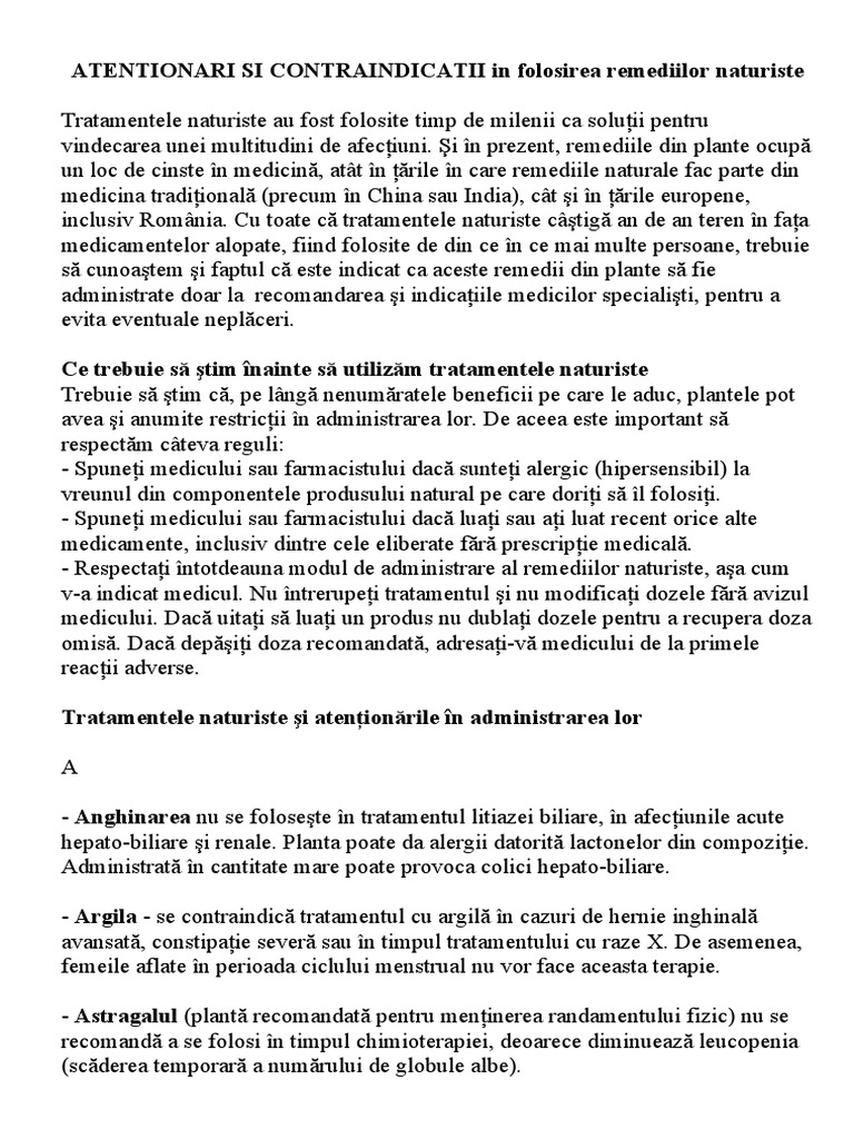 Atentionari Si Contraindicatii In Folosirea Remediilor Naturiste