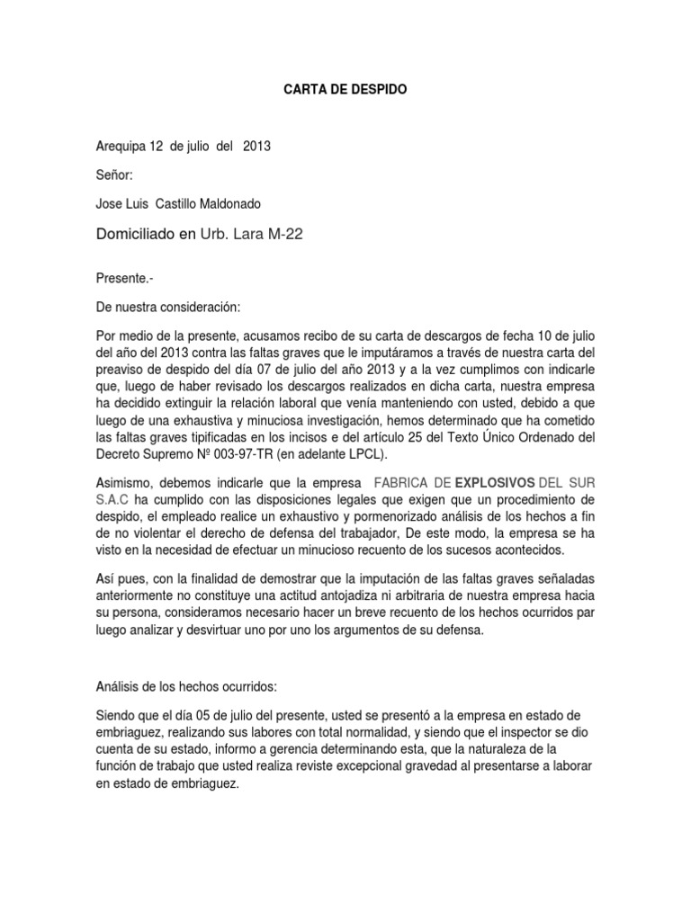 Carta de Despido  Derecho laboral  Cuidado de la Salud 