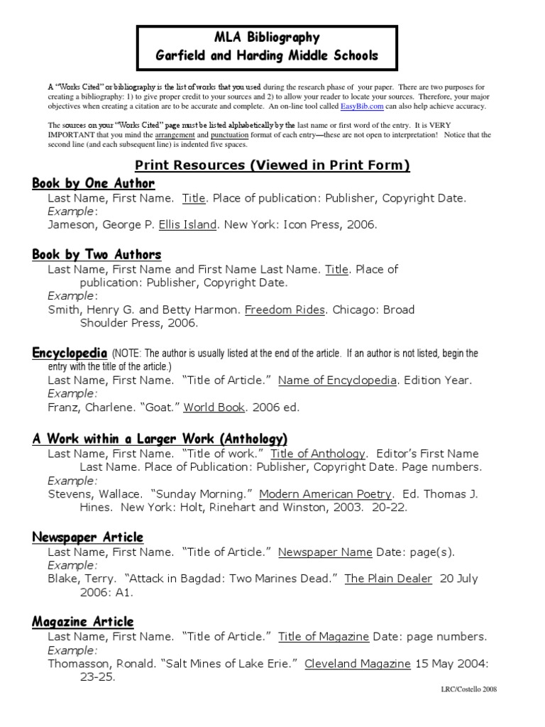 Mla Bibliography Handout  PDF  Citation  Publishing
