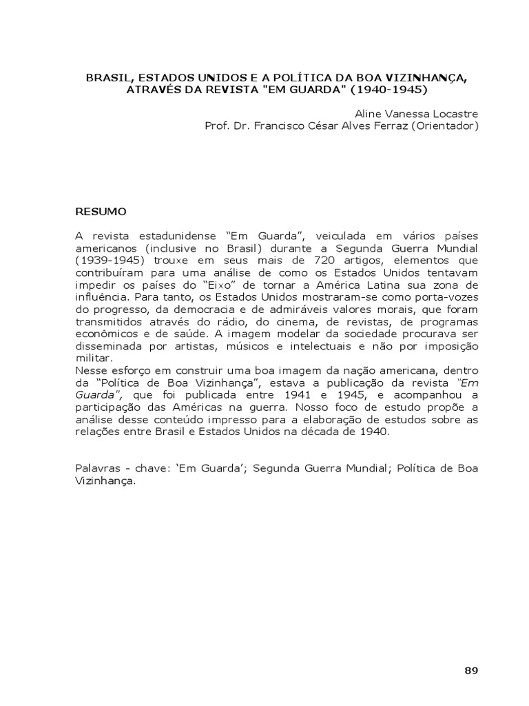 Brasil e EUA: Política da Boa Vizinhança | PDF | Os Estados Unidos ...