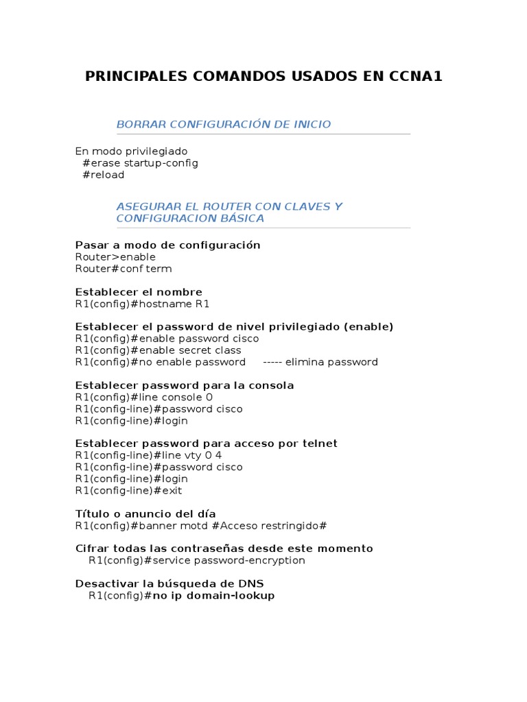 Resumen Comandos CCNA1 - Conf Basica | PDF | Enrutador (Computación ...