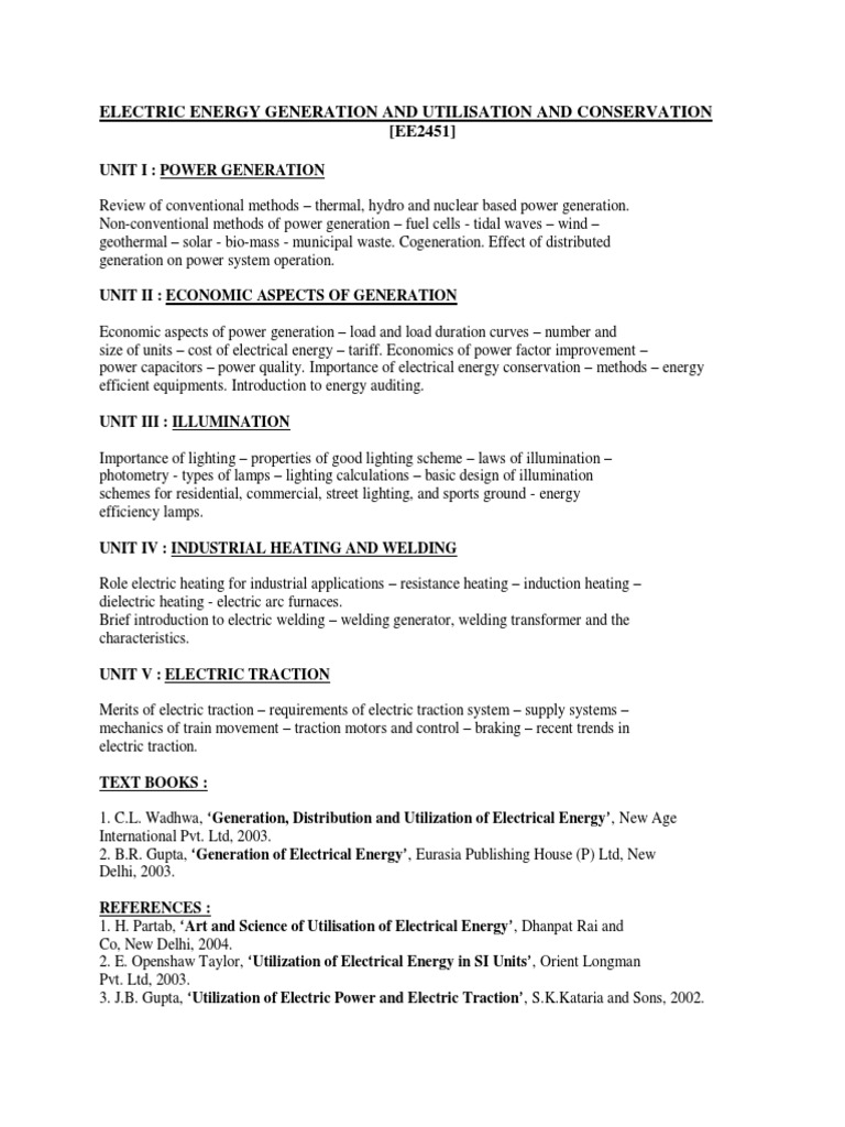 Electric Energy Generation and Utilisation and Conservation (EE2451) | PDF