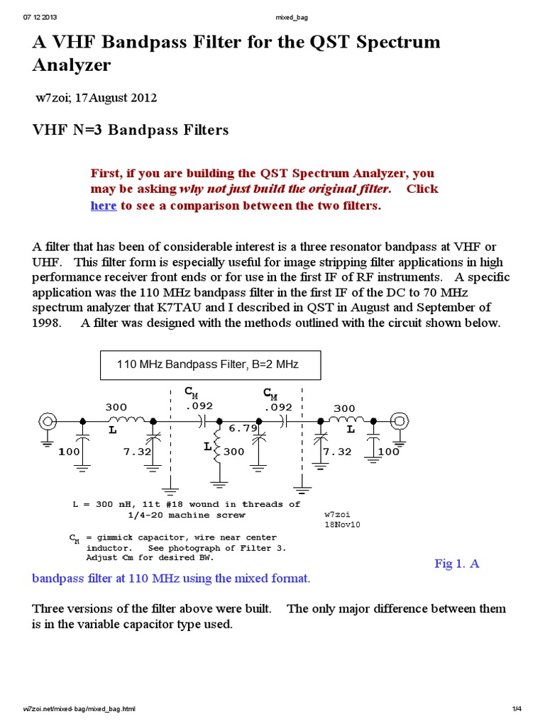 A VHF Bandpass Filter For The QST Spectrum Analyzer Download Free PDF