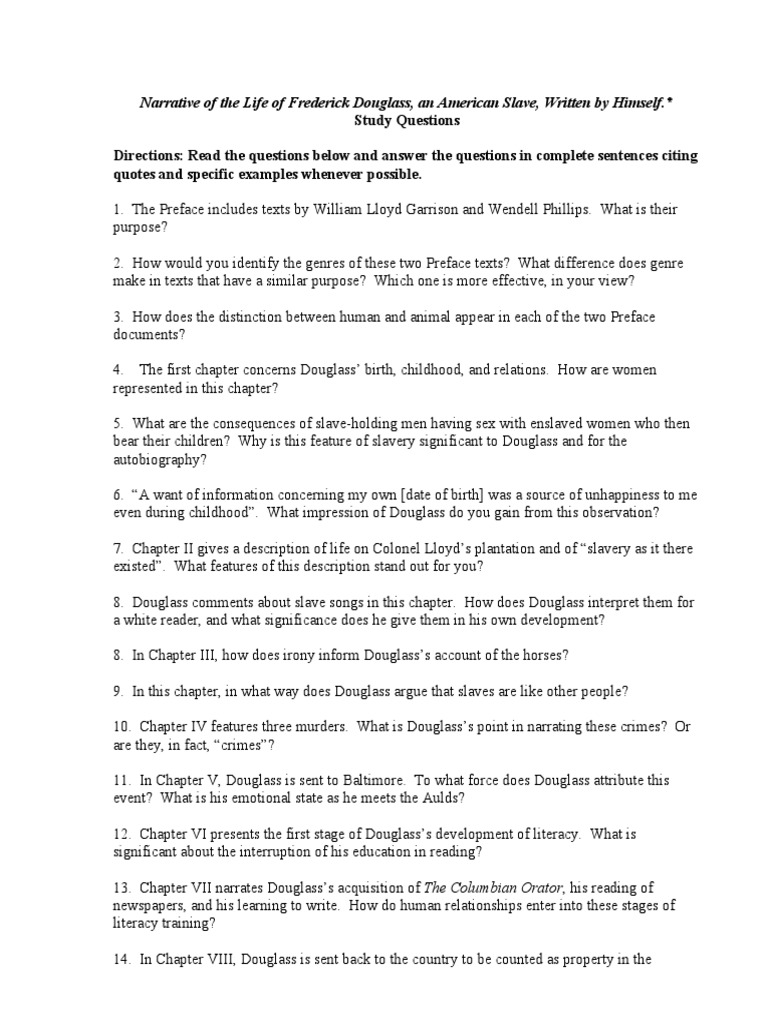Narrative Of The Life Of Frederick Douglass Study Questions Abolitionism In The United States Slavery