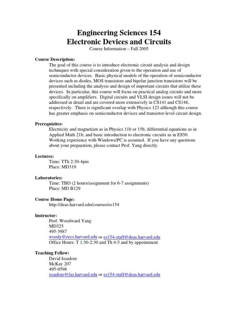 Engineering Sciences 154 Electronic Devices and Circuits: Course ...