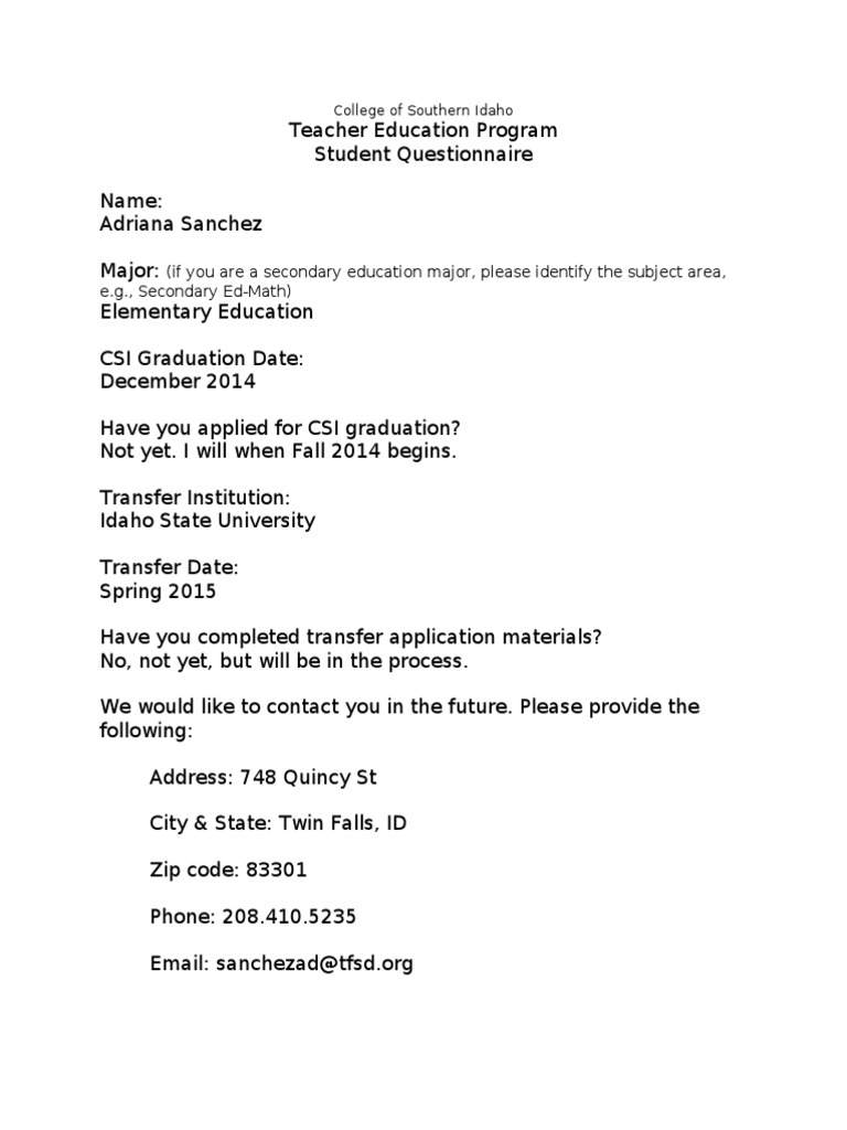 Te 20 Questionnaire | PDF