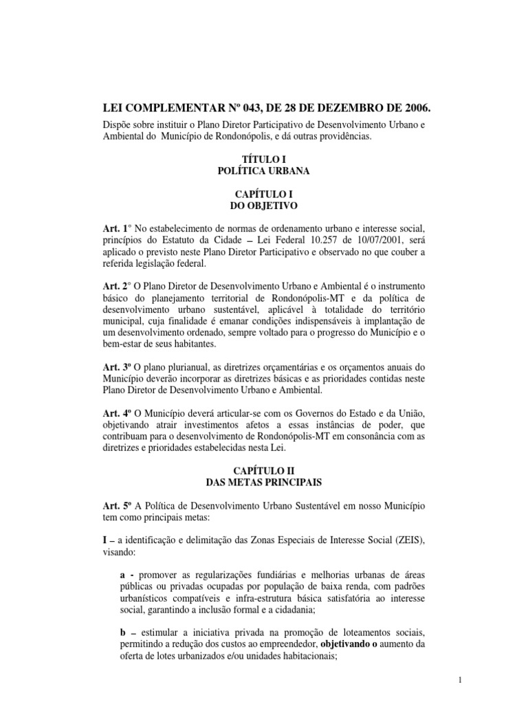 Lei - Complementar - 043 28 12 2006 PLANO - DIRETOR PDF | PDF ...