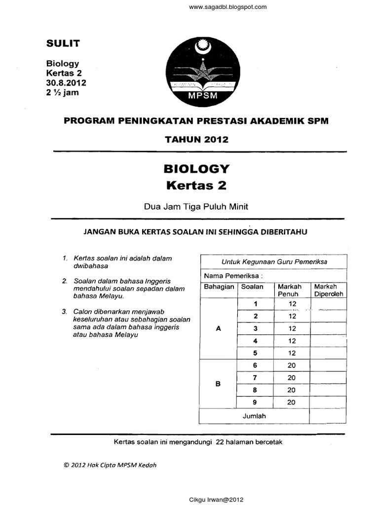 2012 PSPM Kedah Biologi 2 w Ans