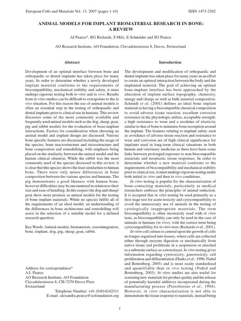 Animal Models For Implant Biomaterial Research in Bone | PDF | In Vitro ...