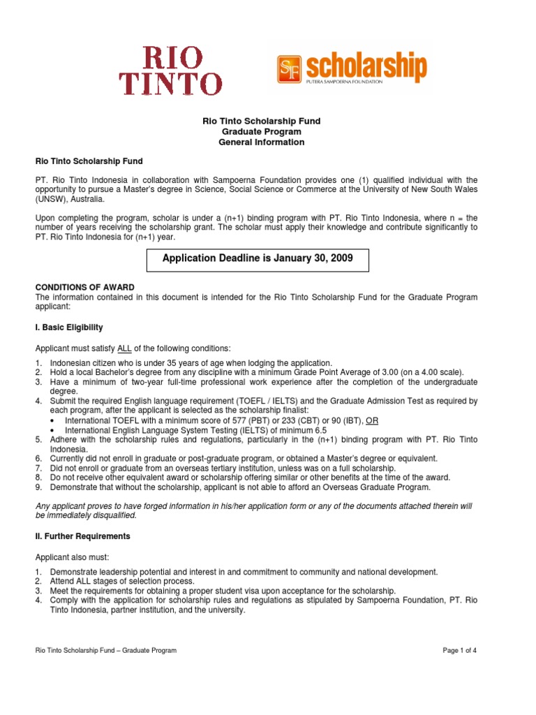 Rio Tinto Scholarship Fund Application Package Graduate Program PDF Postgraduate Education
