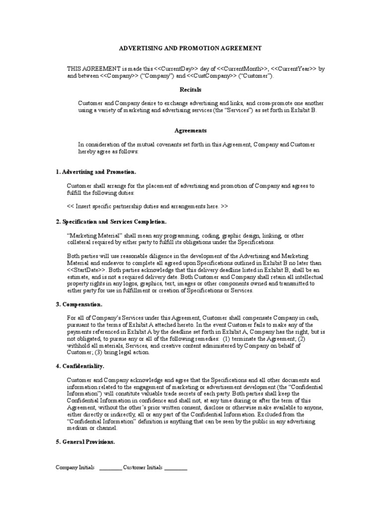 Advertising and Promotion Agreement | PDF | Indemnity | Confidentiality