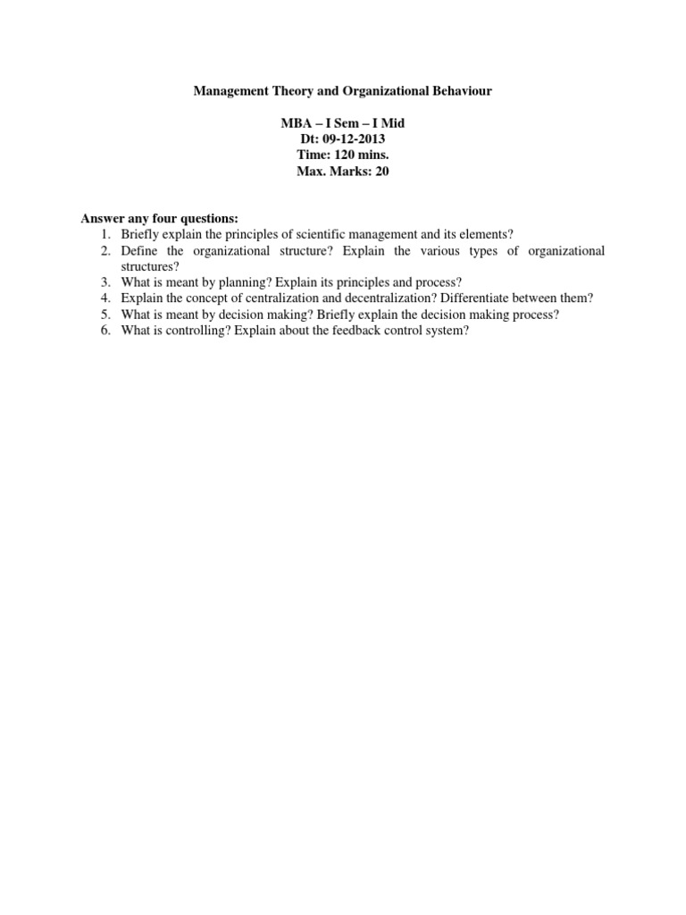 Management Theory and Organizational Behaviour Mba - I Sem - I Mid DT ...