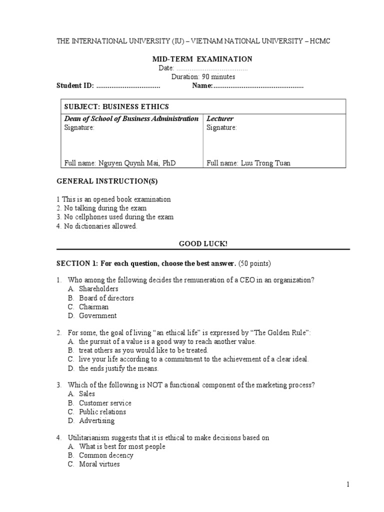 Final Exam Morality Value (Ethics)