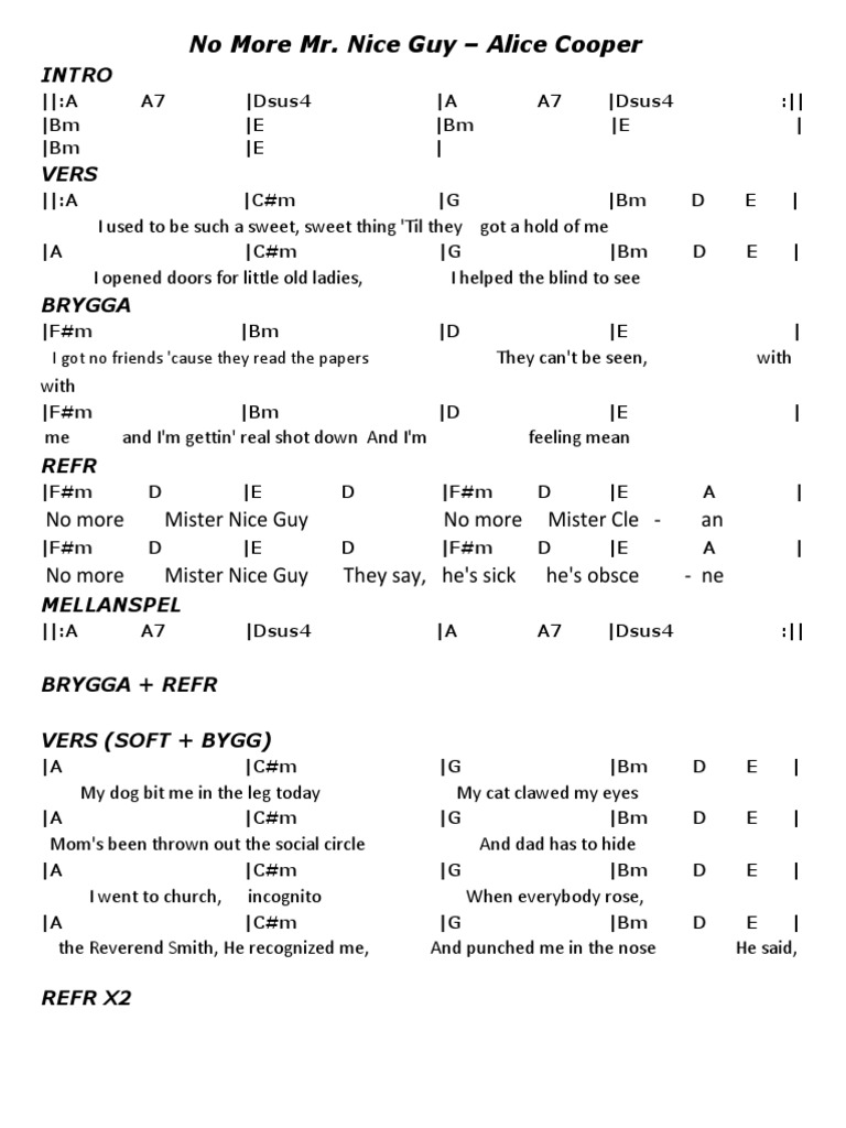 No More Mr. Nice Guy Lyrics | PDF
