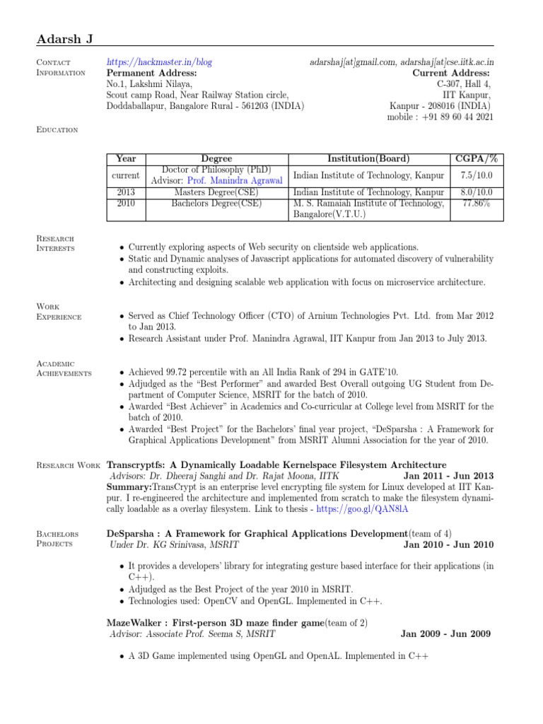 Adarsh J: PhD Candidate & CTO Resume | PDF | Java Script | Areas Of ...