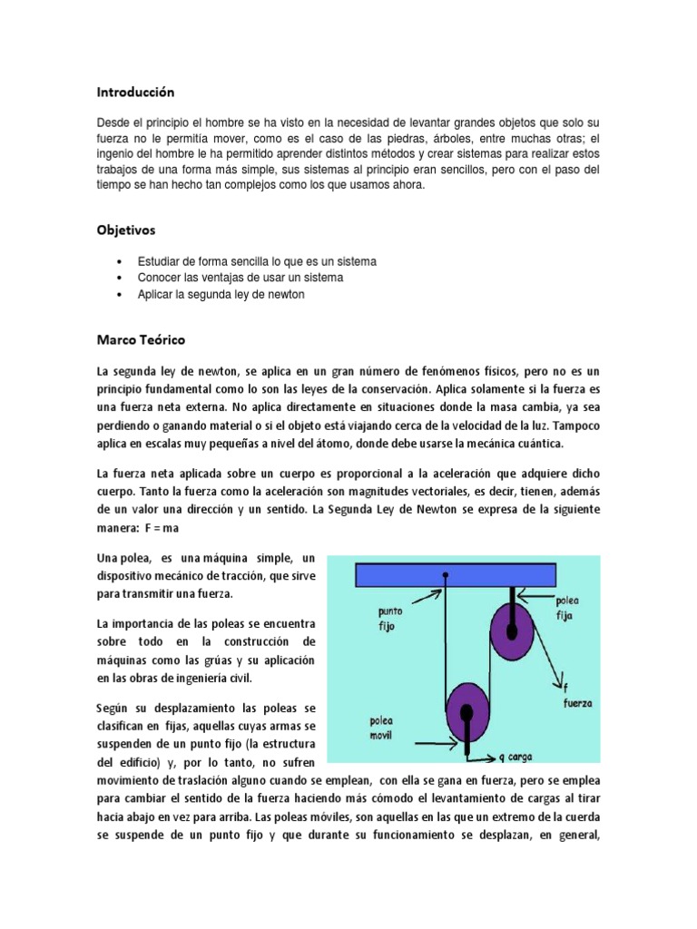 Proyecto de Aplicación de Poleas | PDF | Las leyes del movimiento de ...