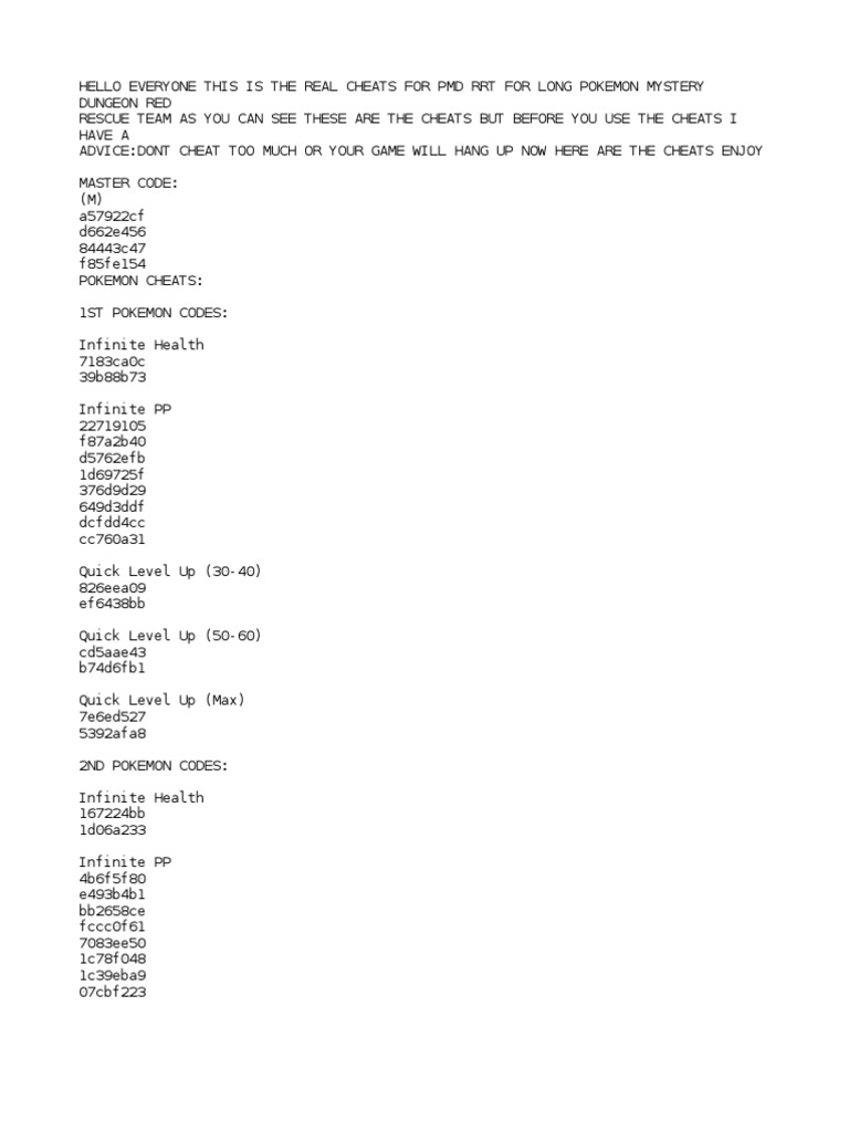 Pokemon Mystery Dungeon Red Rescue Team Gameshark Codes | PDF 