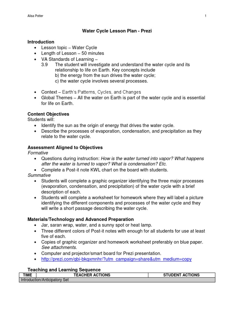 Water Cycle Lesson Plan | PDF | Water Cycle | Precipitation