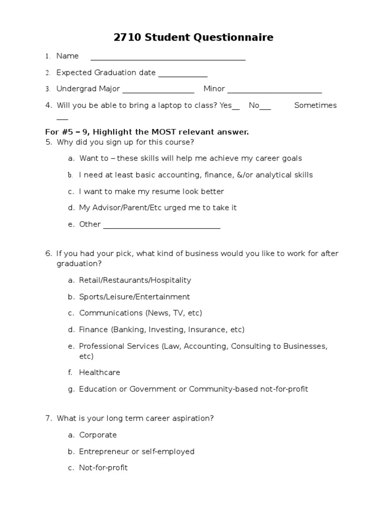 Student Course Questionnaire Template | PDF | Behavior Modification ...