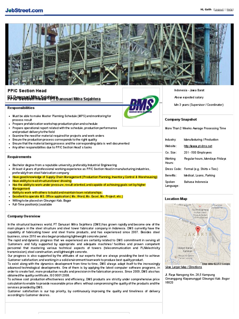 PPIC Section Head - PT Danusari Mitra Sejahtera | Quality (Business) | Production And Manufacturing