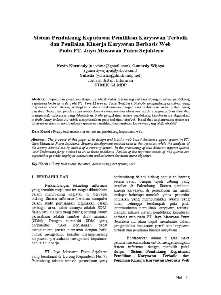 Sistem Pendukung Keputusan Pemilihan Karyawan Terbaik Dan Penilaian Kinerja Karyawan Berbasis Web Pada Pt Jaya Masawan Putra Sejahtera