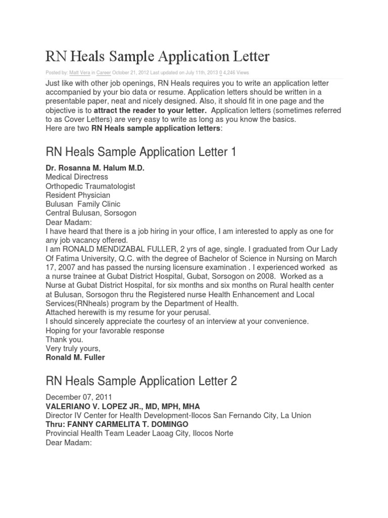 RN Heals Application Letter Samples | PDF | Nursing | Hospital