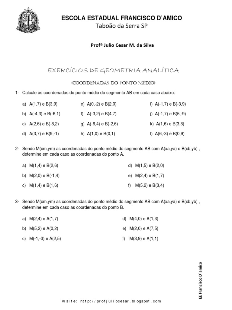 Exercícios sobre Ponto Médio 8º Ano | PDF