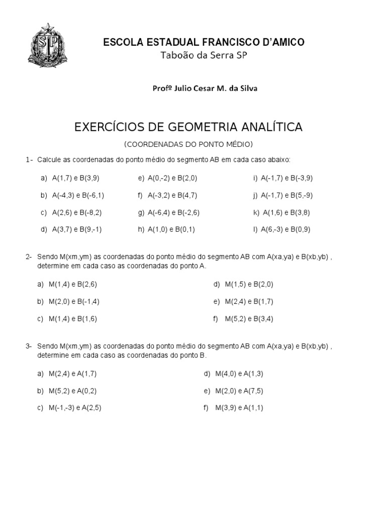 Exercícios sobre Ponto Médio | PDF