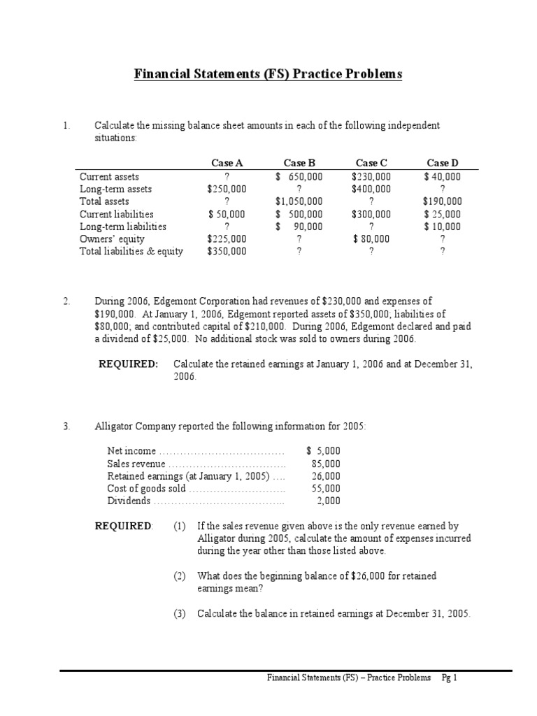 Financial Statements Practice Problems Retained Earnings Dividend