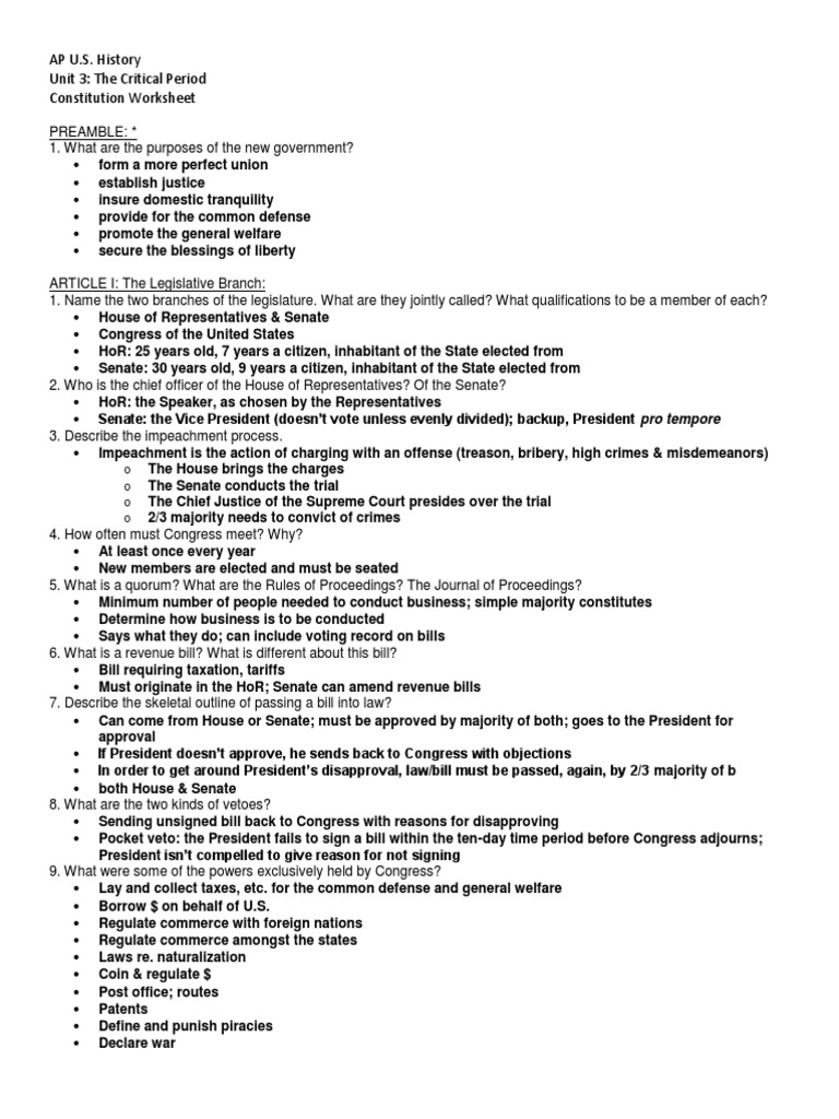 Printables The Us Constitution Worksheet constitution worksheet answers