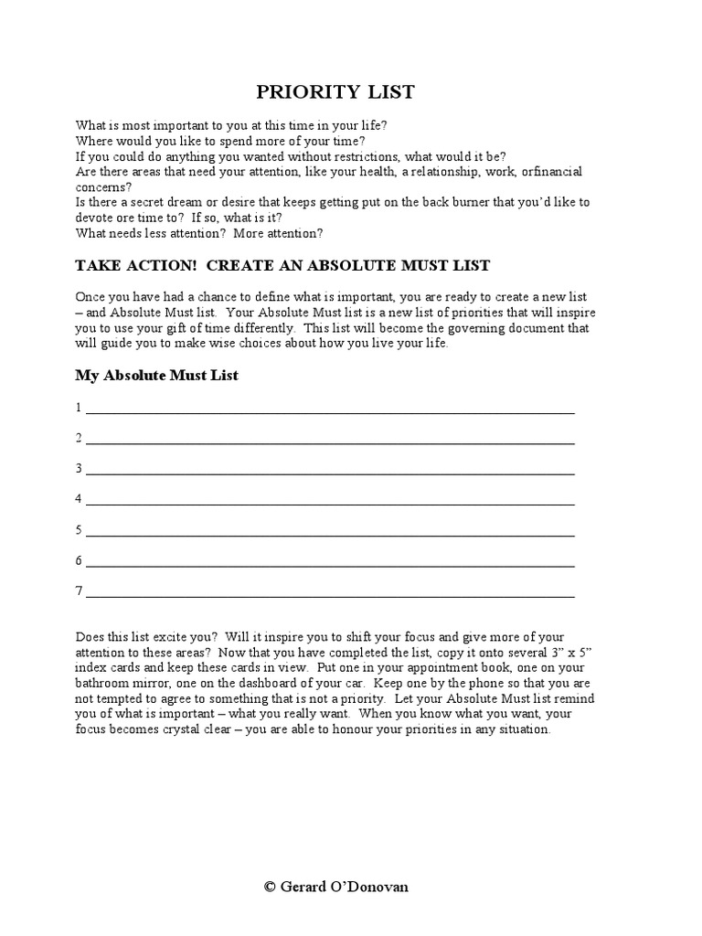 Priority List: Take Action! Create An Absolute Must List | PDF