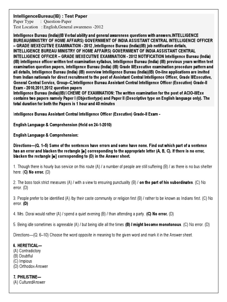 (WWW - Entrance Exam - Net) ACIO IB Exam Paper 1 | PDF | Test ...