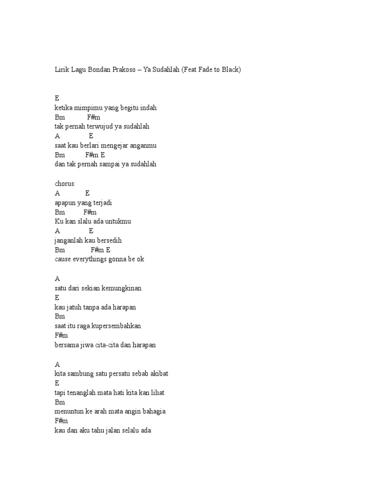 Lirik Lagu Bondan Prakoso Ya Sudahlah Pdf