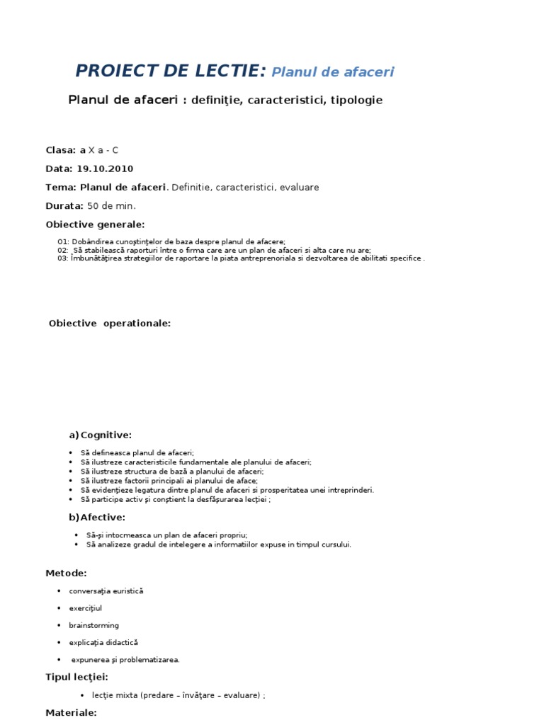 Proiect De Lectie Educatie Antreprenoriala