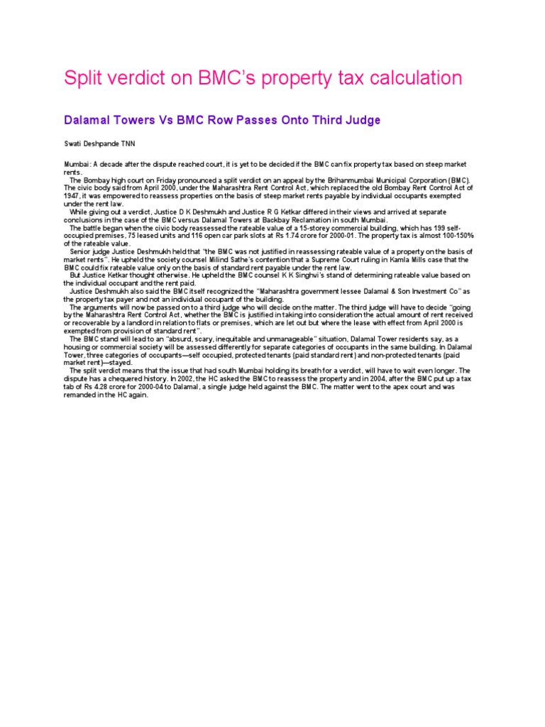 Split Verdict On BMC's Property Tax Calculation PDF Natural Resources Law Lease