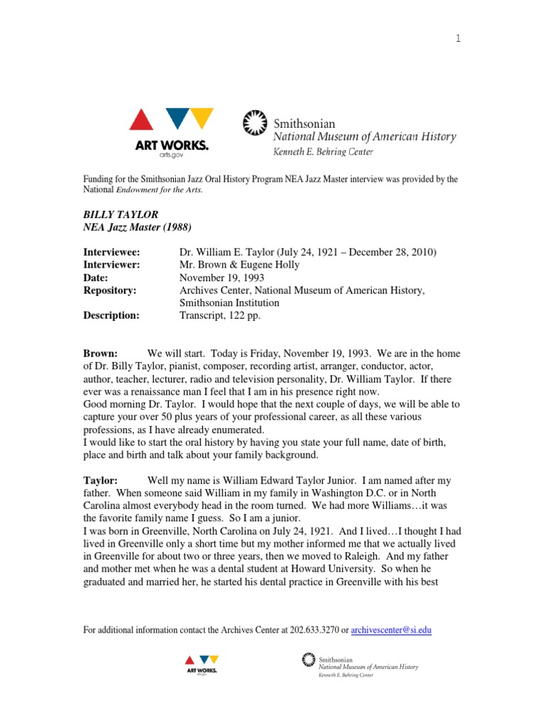 Taylor Billy Transcript | PDF | Singing | Jazz