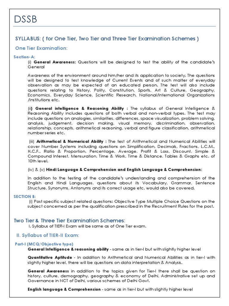 DSSB Exam Syllabus: One, Two, Three Tier | PDF | Test (Assessment ...